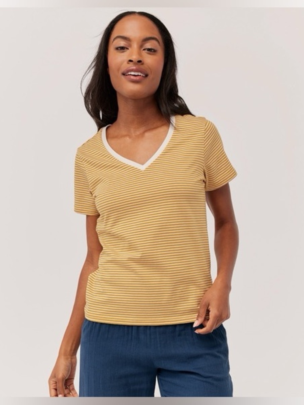 PACT Softspun Striped V-Neck Tee in Mustard